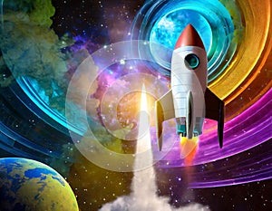 Colorful 3D space scene with abstract dimensions and rocket