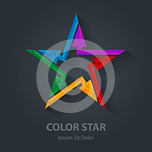 Colorful 3d star logo with arrows. Star-shaped vector logotype t