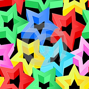 Colorful 3D stars on black seamless pattern