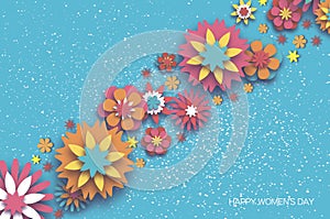 Colorful 8 March. Happy Women`s Day. Trendy Mother`s Day. Paper cut Floral Greeting card. Origami flower. Space for Text