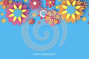 Colorful 8 March. Happy Women s Day. Trendy Mother s Day. Paper cut Floral Greeting card. Origami flower. Text. Spring