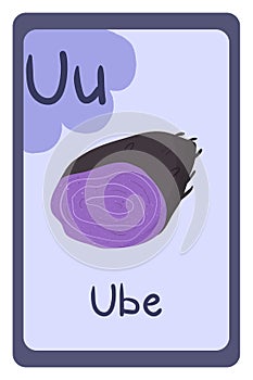 Colorful abc education flash card, Letter U - ube, purple root.