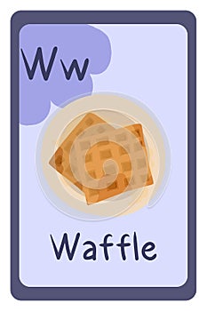 Colorful abc education flash card, Letter W - waffle, Belgian breakfast with honey.