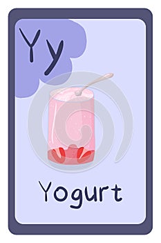 Colorful abc education flash card, Letter Y - yogurt, fermented milk product.