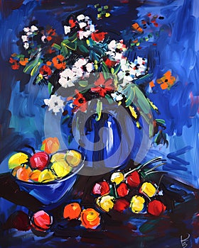 Colorful Abstract Acrylic Painting Flowers Blue Vase Fruit Bowl Still Life Art Print