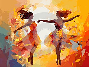 Colorful Abstract Art Painting. Two Girls Dancing.