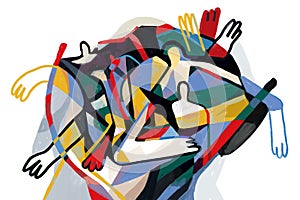 Colorful abstract art print cubism art style, Abstract People with primary color. For print and wall art. Picasso and Keith Haring