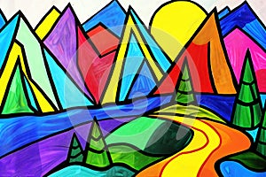 Colorful abstract artwork with geometric shapes depicting mountains and a river