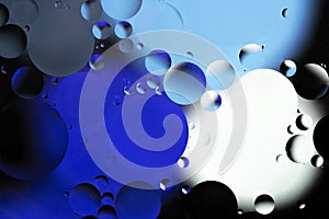 Colorful abstract background. Blue purple white black circles and oil bubbles in the water. Close up. Macro abstraction. Rainbow
