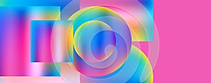 Colorful abstract background with circles and squares on a pink backdrop