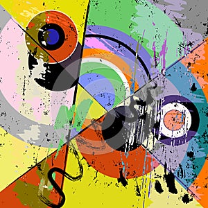 colorful abstract background composition, with circles, semicircles, paint strokes and splashes, grungy photo