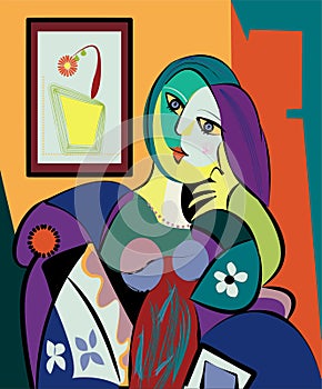 Colorful abstract background, cubism art style, portrait of woman sitting - 18-256