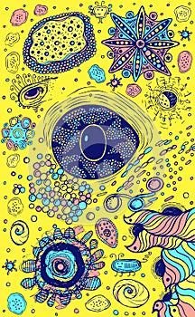 Colorful abstract background with eye and psychedelic elements. Pastel colors and yellow backdrop. Cartoon vector illustration