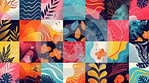 Colorful abstract background with geometric shapes, lines, and leaves. AIG51A photo