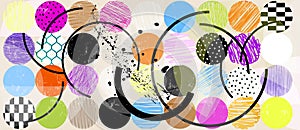 Colorful abstract background pattern, with circles, dots, semicircles, lines, paint strokes and splashes