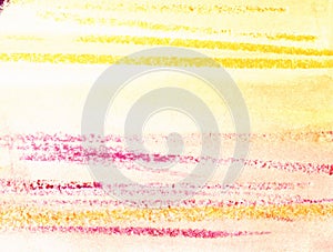 Colorful abstract background. Pink, yellow dash stripes on a light toned with watercolor textured paper. Hand drawn illustration