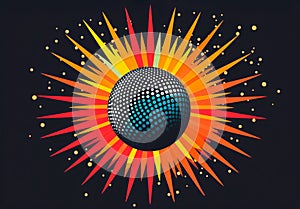 Colorful abstract background with sunburst and disco ball on black background. Generative ai
