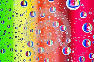 Colorful abstract background of water drops on glass with rainbow colors
