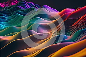 a colorful abstract background with wavy lines and curves of colors in the form of waves and mountains in the distance