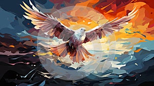 A colorful abstract background with a white dove. Generative AI.