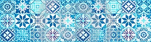 Colorful abstract blue indigo white vintage retro geometric square mosaic motif tiles texture wide background banner panorama