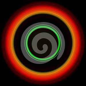 Colorful abstract bright circle , circular lines , radial striped texture in orange and green tones on black background. Round pat