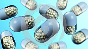 Colorful abstract chaotic structure balls inside the capsule, pharmacy and medical concept on blue background 3d