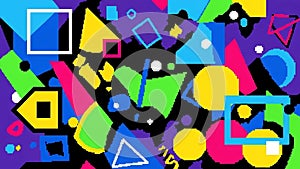 Elements include circles, squares, triangles, and rectangles in bright