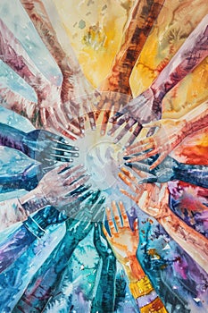 Colorful abstract composition with overlapping hands forming a star pattern, painted in vibrant blue, orange, and white tones