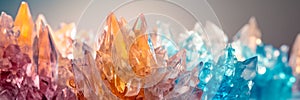 Colorful abstract crystals background. Crystals toned in different colors from orange to blue. Precious crystals long