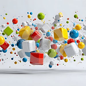 Colorful abstract cubes and spheres floating and exploding in a dynamic composition