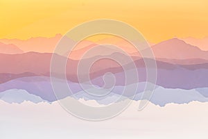 Colorful, abstract double exposure of mountains in sunrise. Minimalist scenery with color gradients.