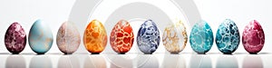 Colorful abstract easter eggs in a row isolated on the white background, easter celebration concept