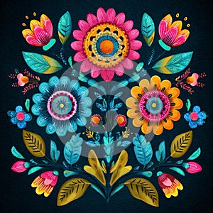 Vivid Abstract Floral Folk Art on a Solid Black Background