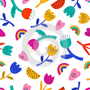 Colorful abstract floral vector seamless pattern. Bright summer flowers, rainbow, heart. Flat cartoon background in