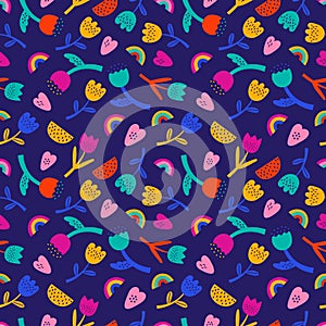 Colorful abstract floral vector seamless pattern. Bright summer flowers, rainbow, heart. Flat cartoon background in