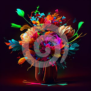 Colorful abstract flowers in vase vibrant bright colors dark background