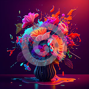 Colorful abstract flowers in vase vibrant bright colors dark background