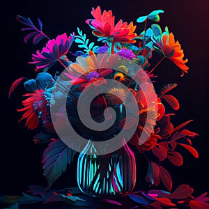 Colorful abstract flowers in vase vibrant bright colors dark background