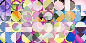 Colorful abstract geometric background pattern, retro style, with circles, semicircle, squares, paint strokes and splashes