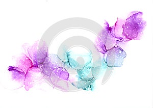 Colorful abstract hand drawn watercolor or alcohol ink background in pink, violet and turquoise tones.