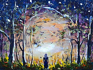 Colorful abstract handmade painting A girl in a beautiful mystical forest. Dream Dawn in forest. Starry sky. Morning landscape.
