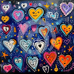 Colorful abstract illustration with hearts with eyes and smiles on a dark blue background. Heart as aol of affection and love
