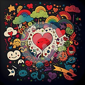 Colorful abstract illustration with humanoids, rainbow ami and red heart, black background. Heart asmbol of affection and