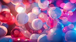 colorful abstract image featuring floating translucent spheres in shades of pink, blue, and white, with glowing light effects