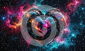 A colorful and abstract image of a heart made out of a black object.