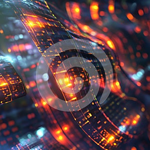 A colorful, abstract image of a wave of data with bright orange and blue lights