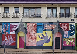 Colorful abstract murals on the side of a building in the Bishop Arts District in Dallas, Texas.