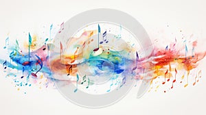 Colorful abstract music background with neural network flying musical notes on white backdrop