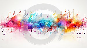 Colorful abstract musical background with flying neural network musical notes on white